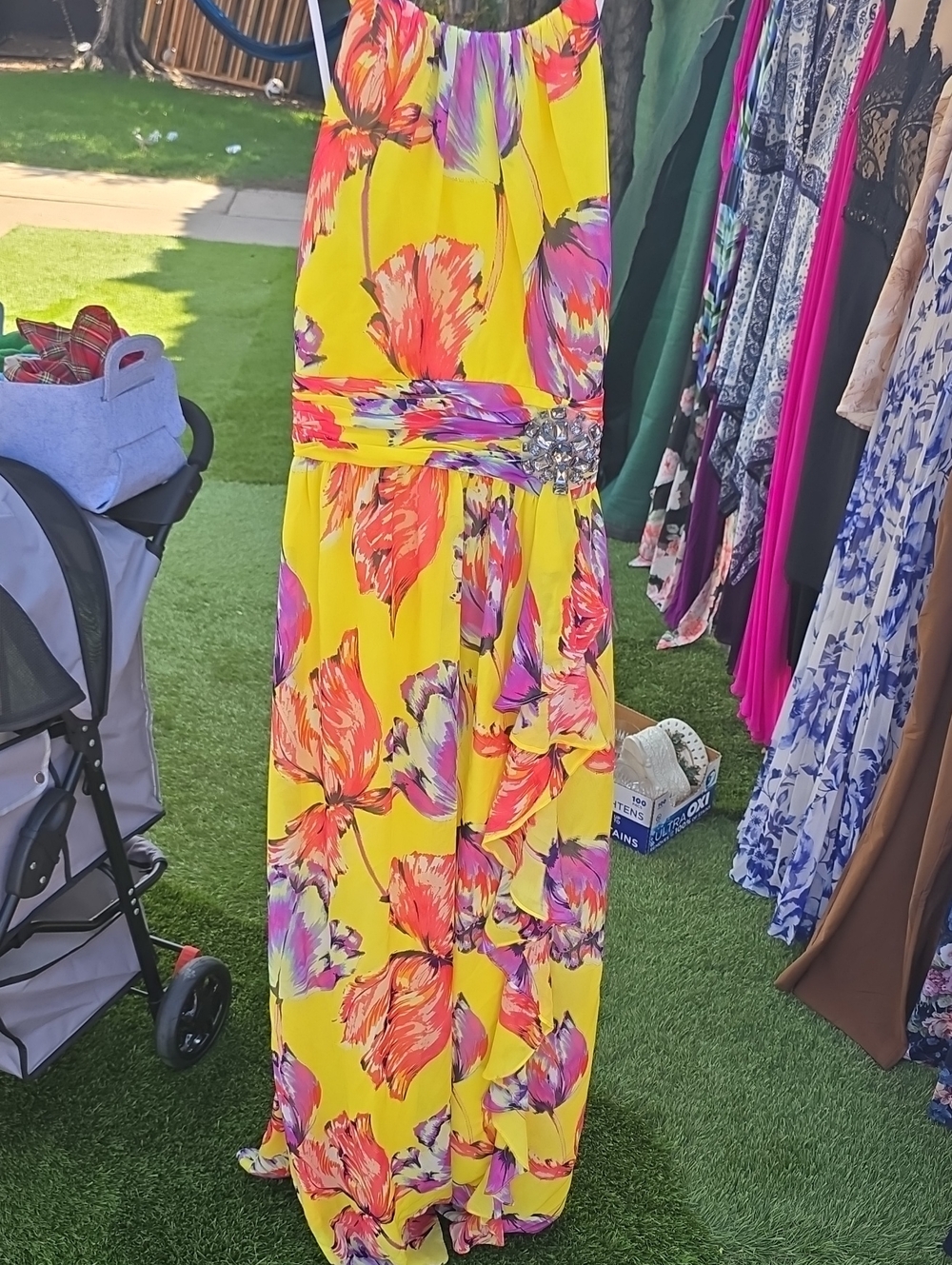 Nine West Yellow Floral Maxi Dress with Pink & Purple Blooms